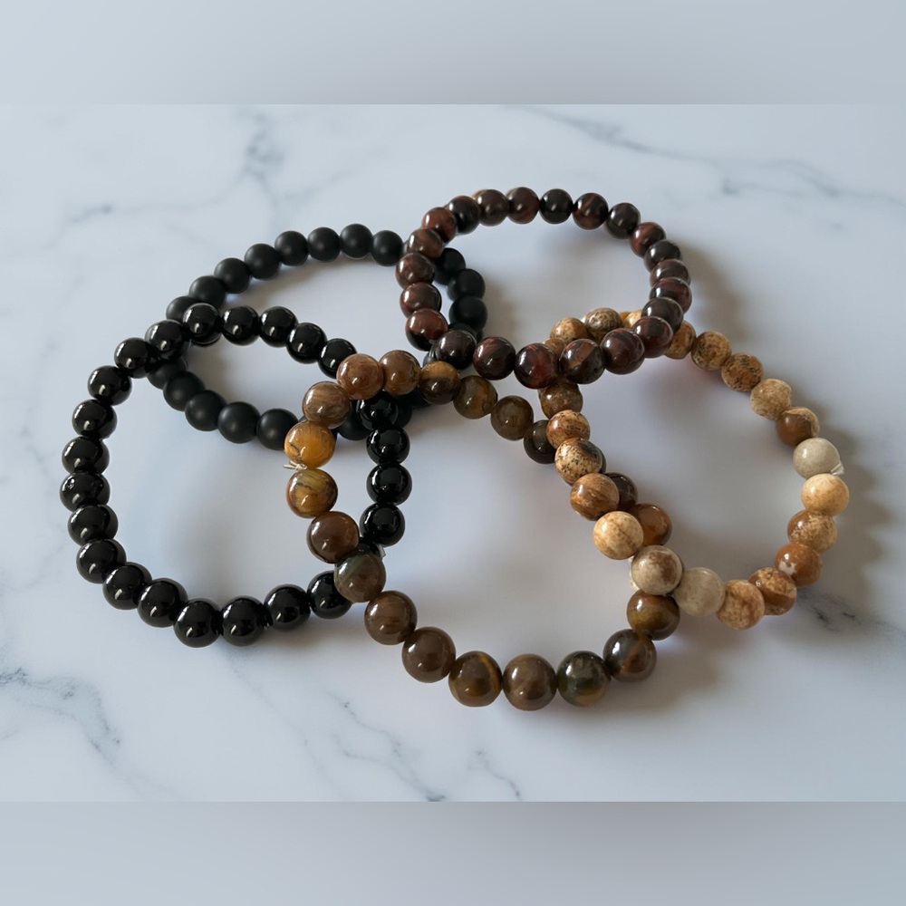 Set 5 Beaded Bracelets Stackable Stretch Brown Bl… - image 4